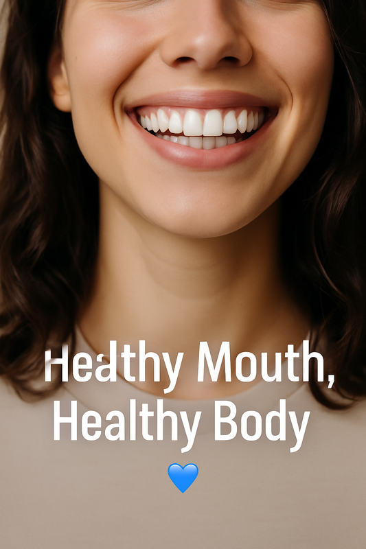 Close-up of a smiling woman showing healthy white teeth with the text "Healthy Mouth, Healthy Body" promoting oral care against plaque and tartar buildup