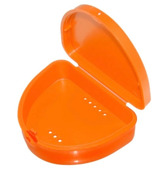 Compact orange retainer box with hinged lid, air holes, and smooth gloss finish for hygienic storage of mouthguards and retainers