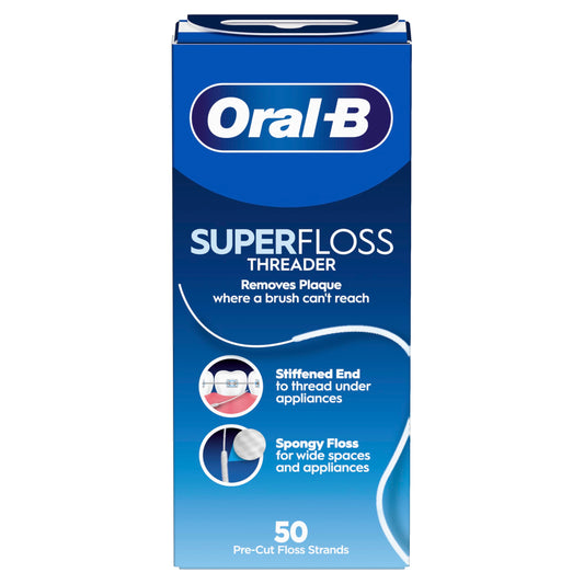 Oral-B Superfloss threader box with 50 pre-cut floss strands for cleaning braces, bridges, and wide dental spaces.