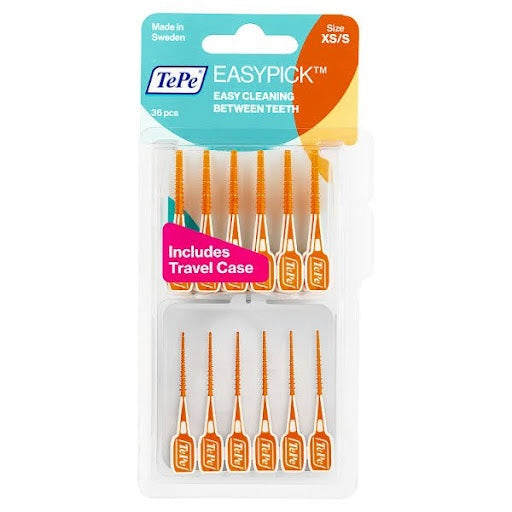 TePe Easypick interdental brushes with travel case for easy cleaning between teeth, size XS/S, orange color, made in Sweden