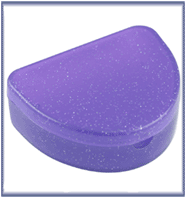 Compact purple retainer/aligner box with hinged lid, snap-fit catch, air holes, and smooth gloss finish for hygienic storage.