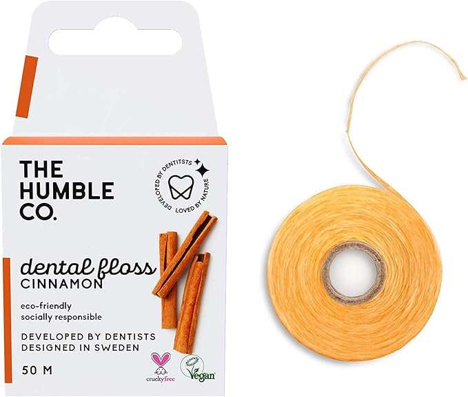 Humble Natural Dental Floss cinnamon flavor in eco-friendly recyclable packaging with 50 meters of durable, mint-coated floss.
