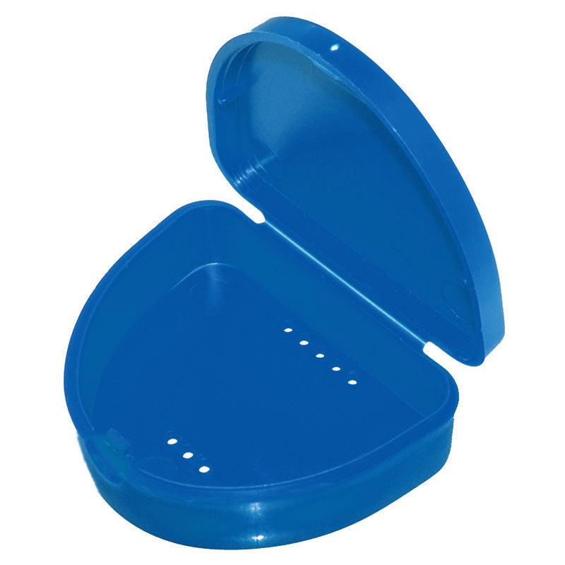 Blue retainer aligner box with hinged lid, snap-fit catch, air holes, and compact slim design for storage.