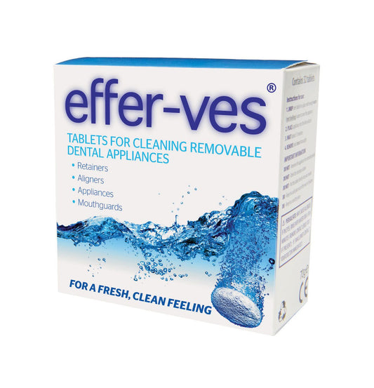 Effer-ves Appliance Cleaning Tablets box for cleaning retainers, aligners, appliances, and mouthguards with effervescing action for fresh, clean dental appliances