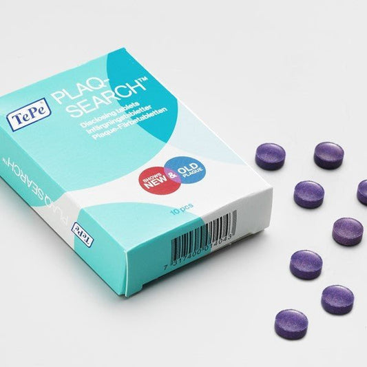 Tepe Plaque Search disclosing tablets for identifying new and old dental plaque with two-tone coloring, 20 tablets pack.