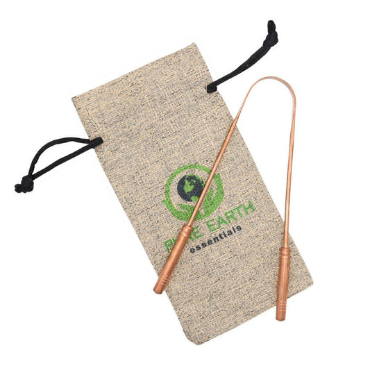 Pure copper tongue scraper with thick handles for firm grip, wide scraping edge for effective cleaning, rust-resistant and durable, comes with a sustainable carry bag for portability and improved oral hygiene.