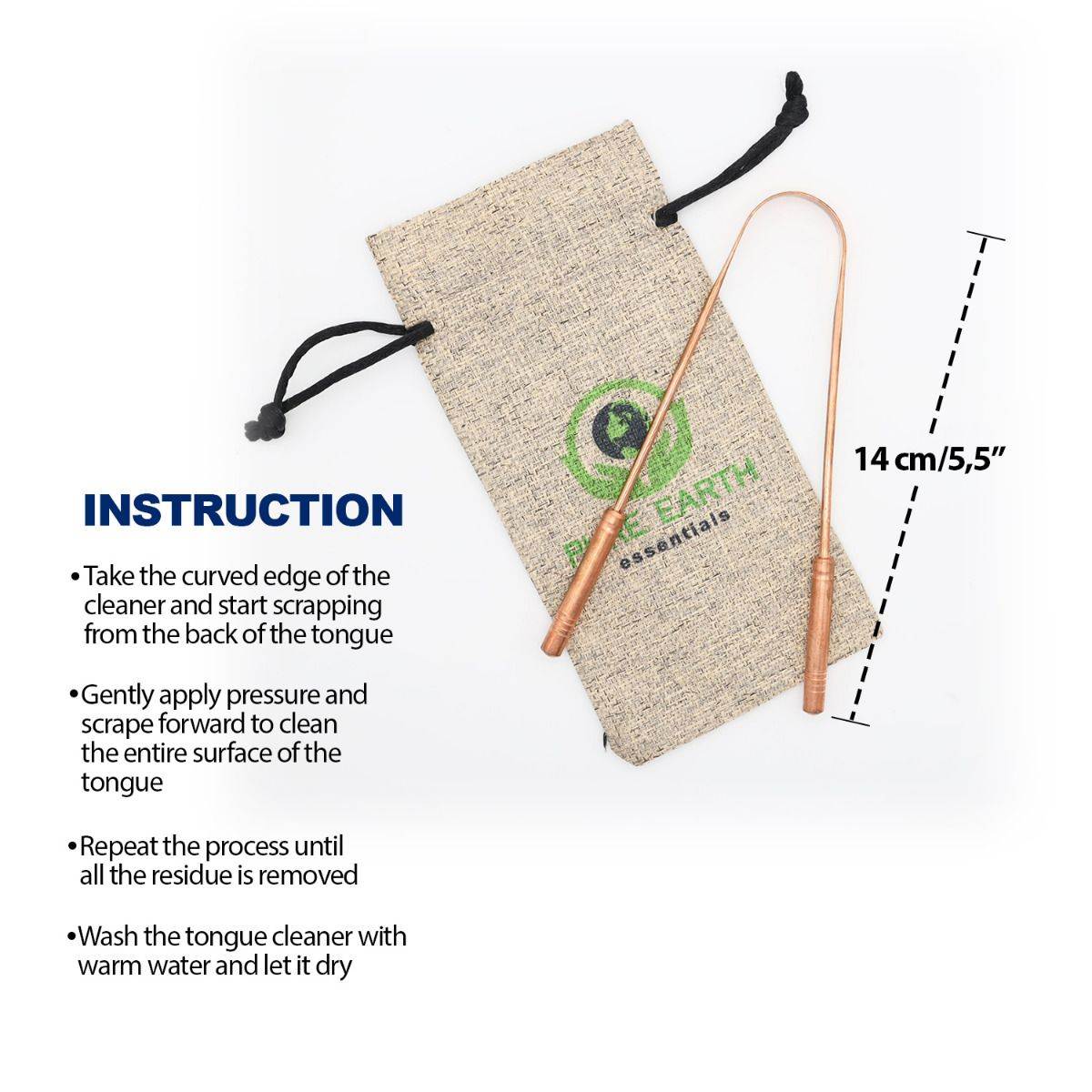 Copper tongue scraper with curved edge and carry bag, 14 cm long, for oral hygiene and fresh breath.