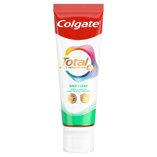 Colgate Total Deep Clean travel size toothpaste tube with antibacterial protection for 24-hour oral health