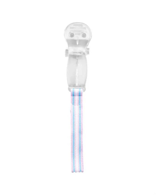 Curaprox Baby Soother Holder in clear with striped fabric strap to securely attach baby soothers and prevent loss or contamination