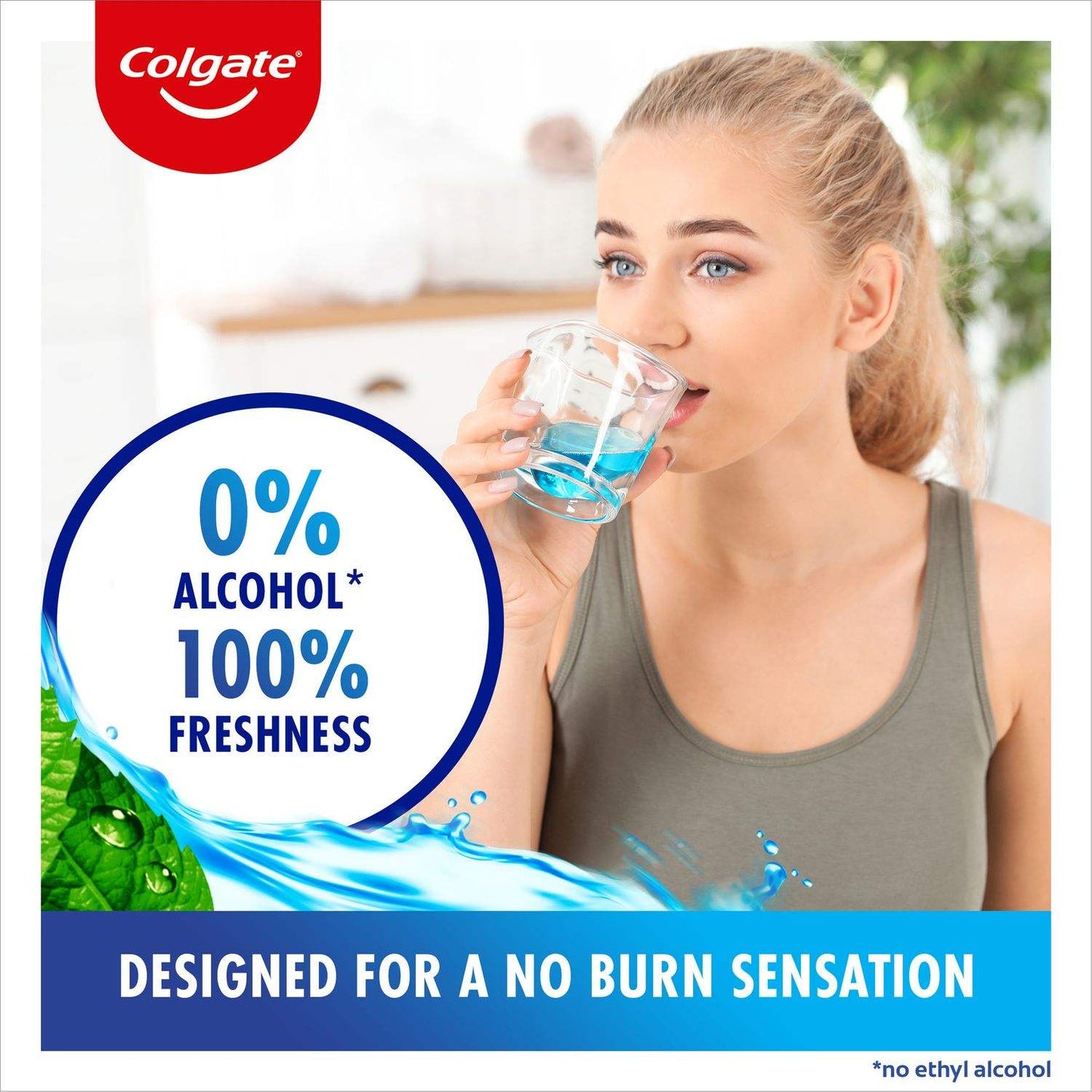 Woman drinking Colgate Plax Cool Mint mouthwash with 0% alcohol and no burn sensation label