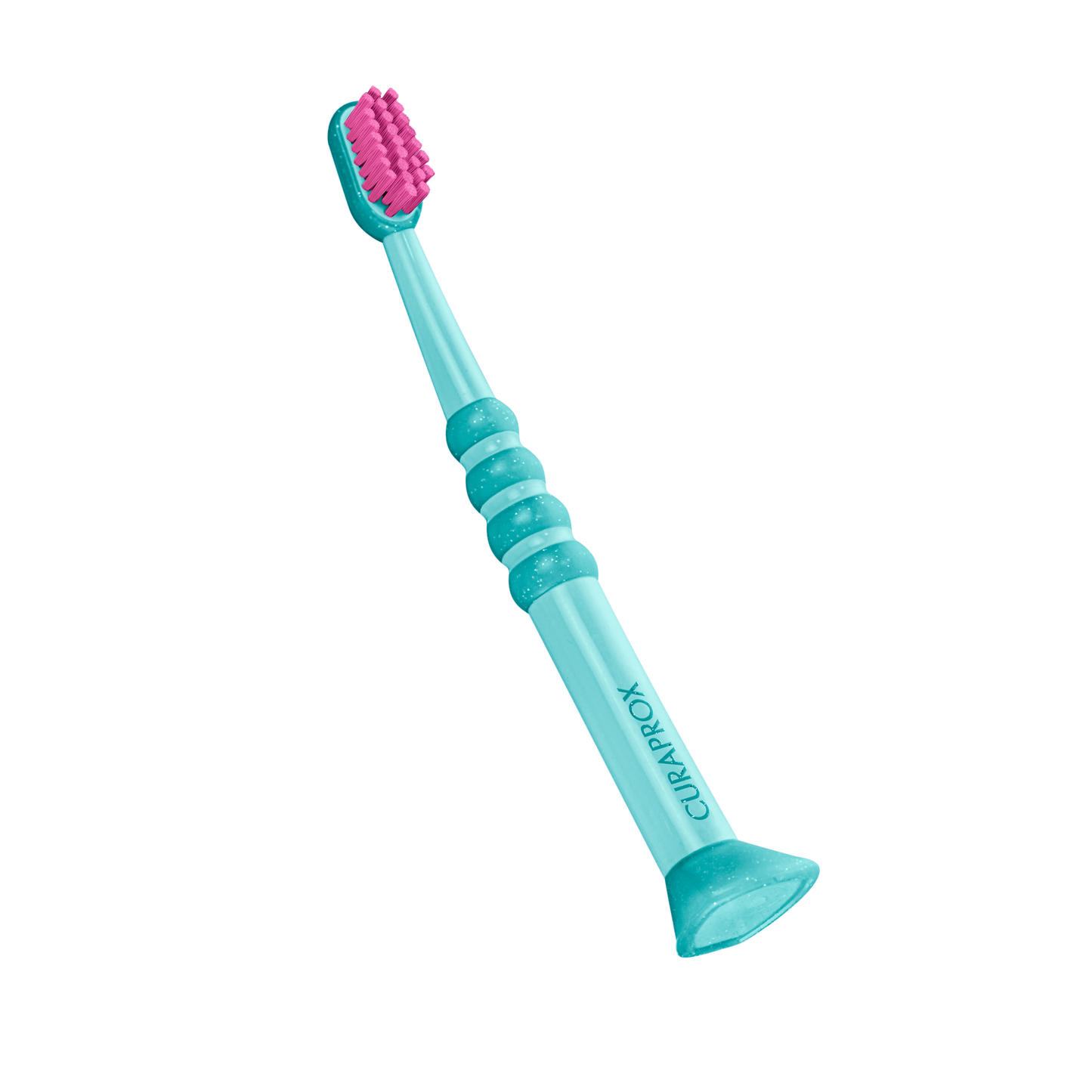 Curaprox baby toothbrush with soft pink rubberized brush head and turquoise anti-slip handle for gentle teeth cleaning 0-4 years