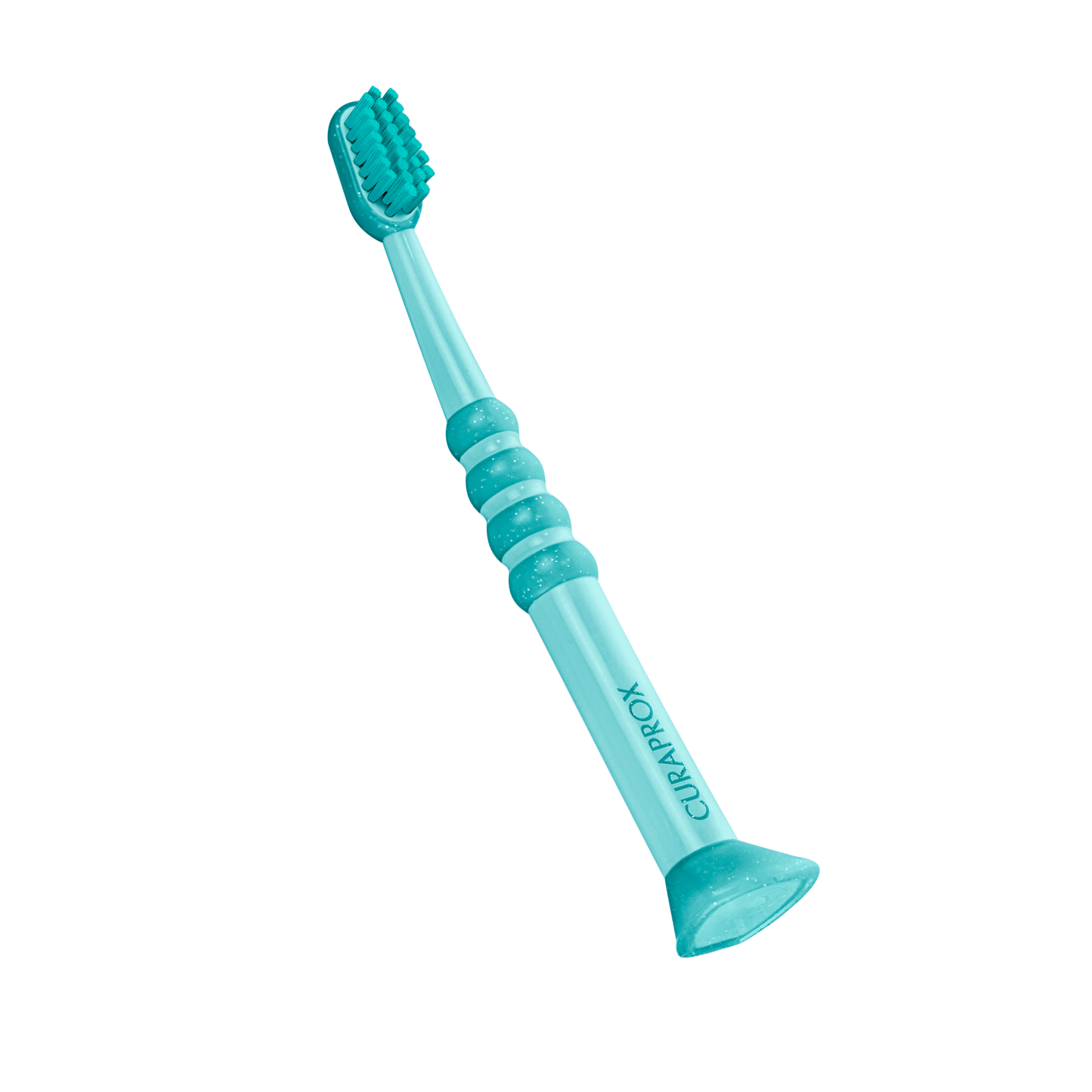 Curaprox baby toothbrush with soft, densely packed filaments and rubberized small head for gentle cleaning, designed for ages 0-4 years