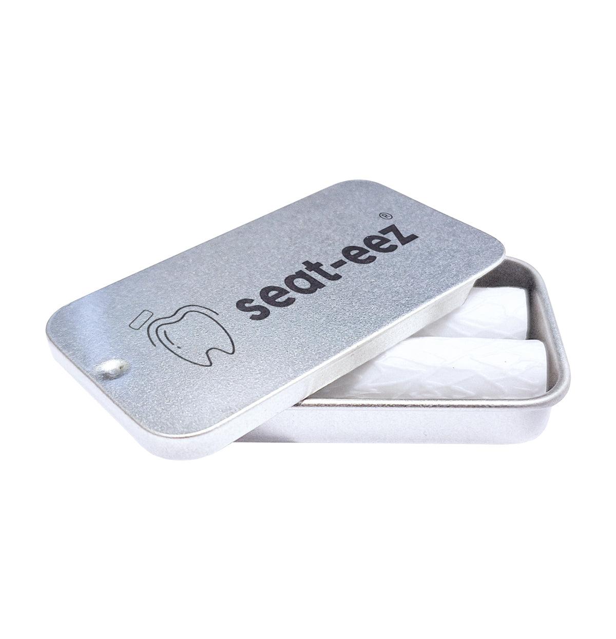 Seat-eez aligner tray seaters silicone chewies in metal storage tin for orthodontic aligners