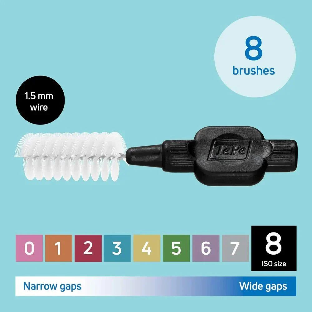 TePe Interdental Brushes 8 pack with 1.5mm wire for cleaning narrow and wide gaps between teeth