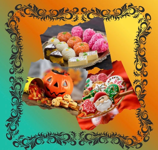 Festive sweets from Halloween, Diwali, and Christmas representing sugar and smiles balance
