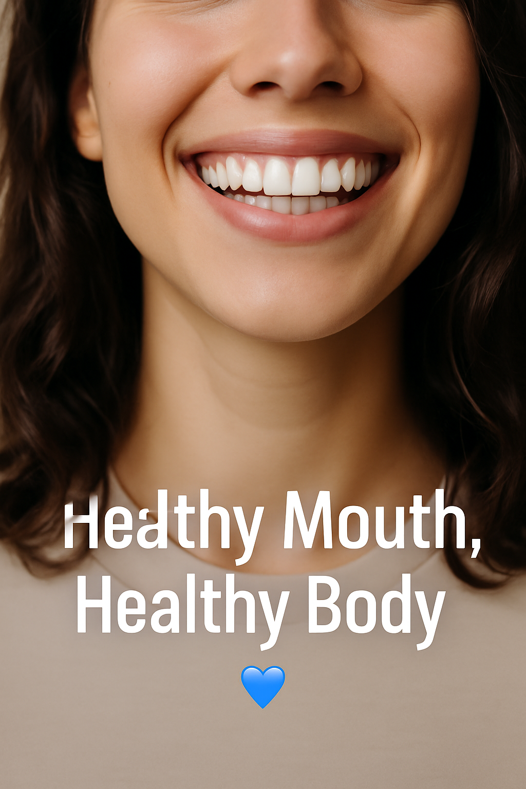 Close-up of a smiling woman showing healthy white teeth with the text "Healthy Mouth, Healthy Body" promoting oral care against plaque and tartar buildup