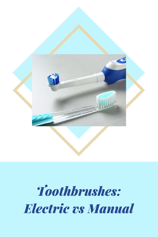 Close-up of an electric toothbrush head next to a manual toothbrush with soft bristles comparing oral hygiene tools