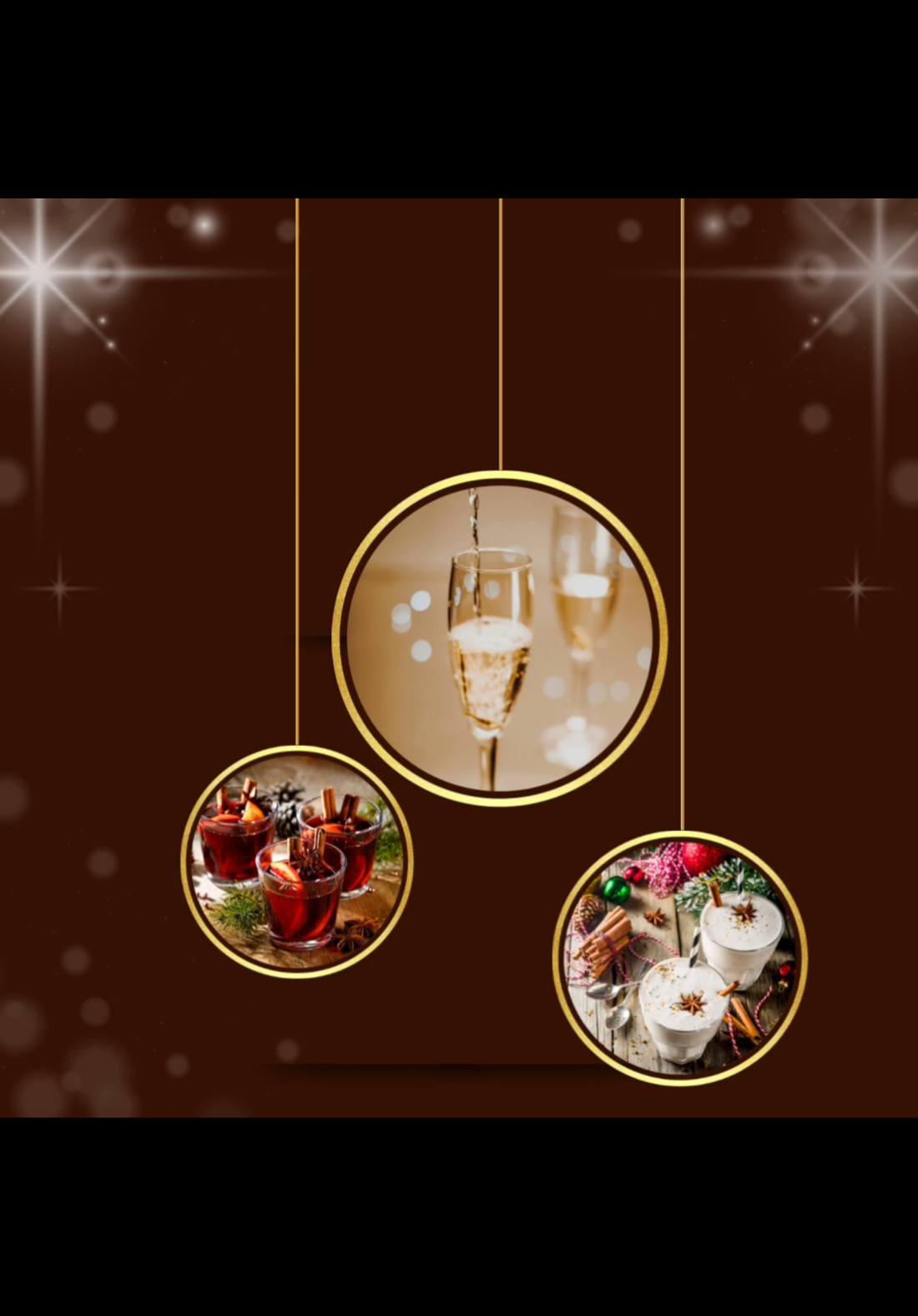 Festive party drinks including mulled wine, prosecco, and holiday lattes in decorative circular frames on a dark background with sparkling lights