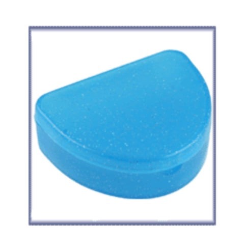 Compact blue retainer box with hinged lid, snap-fit catch, air holes, and smooth gloss finish for hygienic storage of retainers and mouthguards