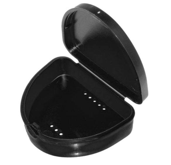 Compact black retainer box with hinged lid, snap-fit catch, air holes, and smooth gloss finish for hygienic storage of retainers or mouthguards.