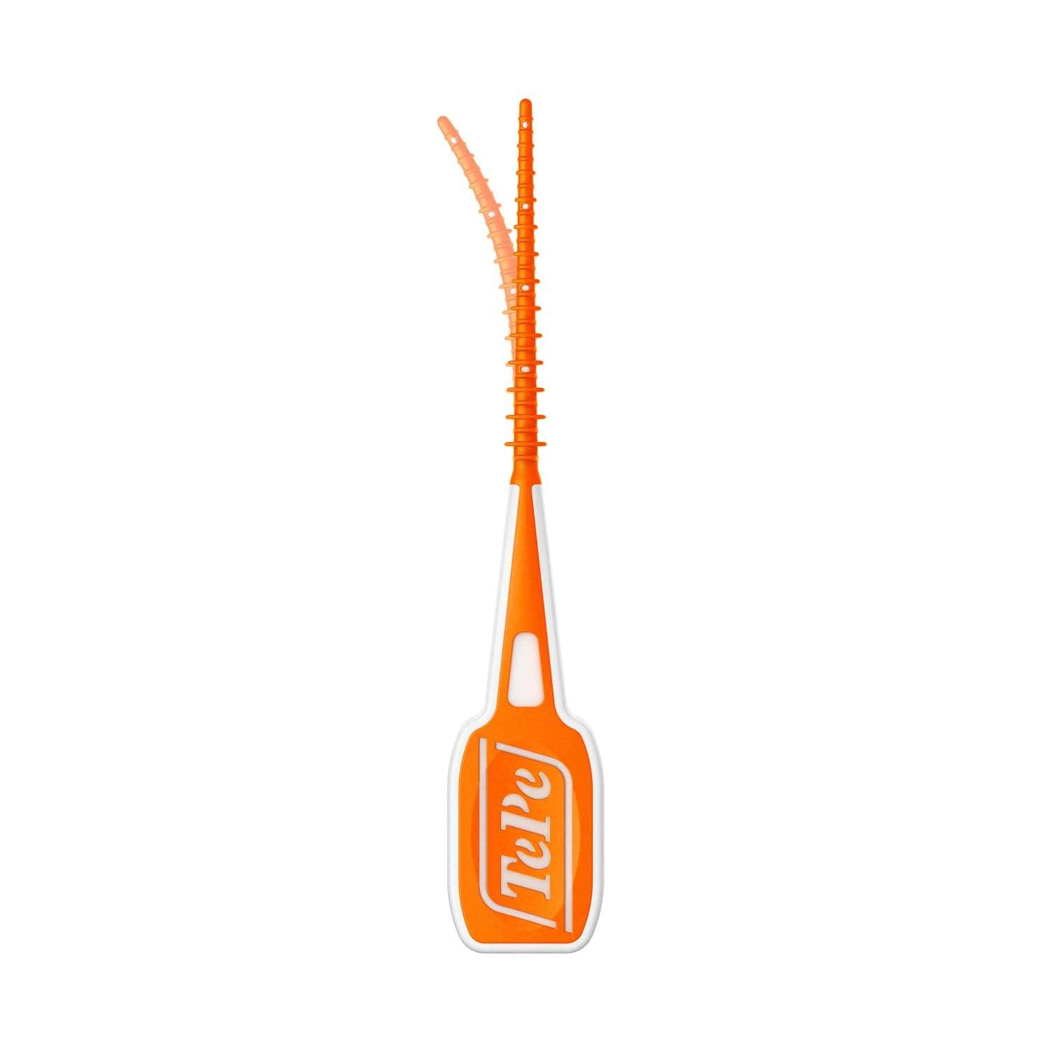 Orange TePe Easypick interdental cleaner with flexible silicone coating for effective teeth cleaning.