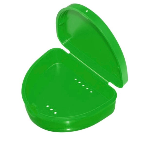 Compact green retainer box with hinged lid, air holes, and smooth gloss finish for hygienic retainer storage