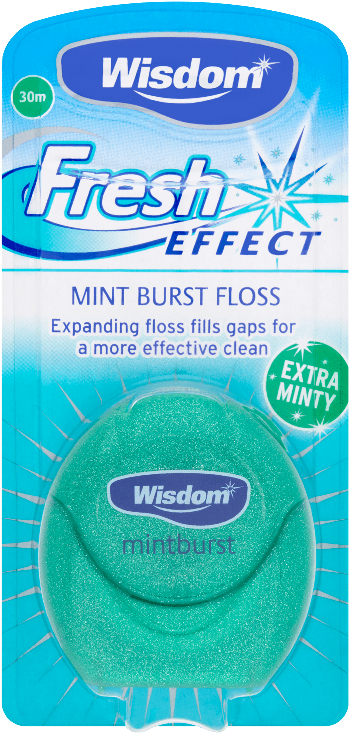 Wisdom Fresh Effect Dental Floss 30m mint burst expanding floss for effective teeth cleaning and fresh breath