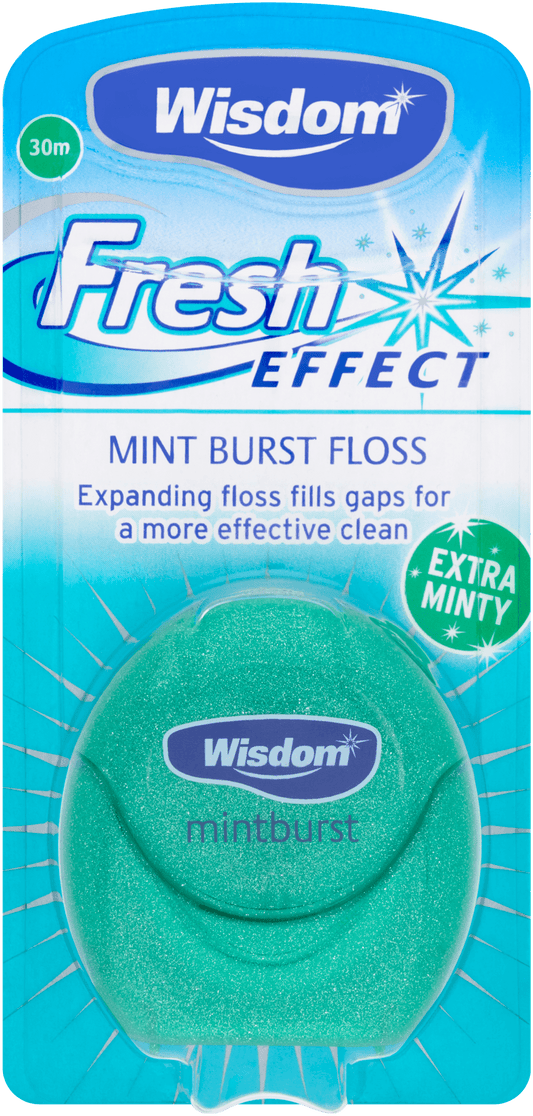Wisdom Fresh Effect Dental Floss 30m mint burst expanding floss for effective teeth cleaning and fresh breath