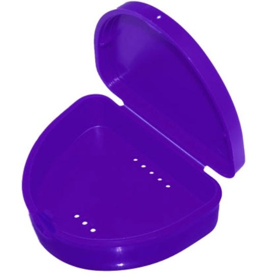 Compact purple retainer box with hinged lid, snap-fit catch, air holes, and smooth gloss finish for hygienic storage.