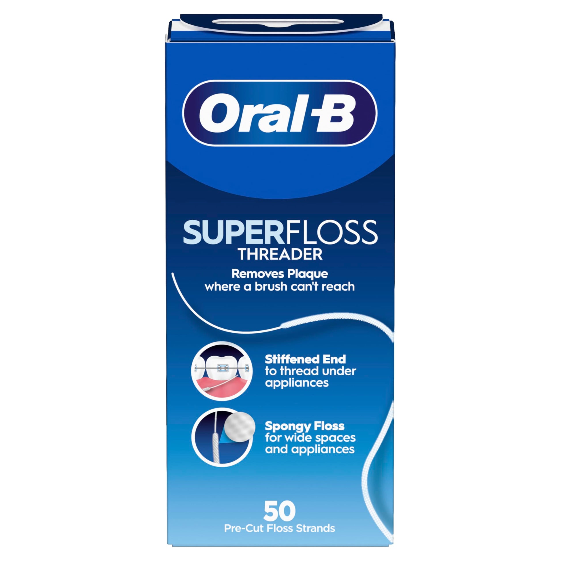 Oral-B Superfloss threader box with 50 pre-cut floss strands for cleaning braces, bridges, and wide dental spaces.