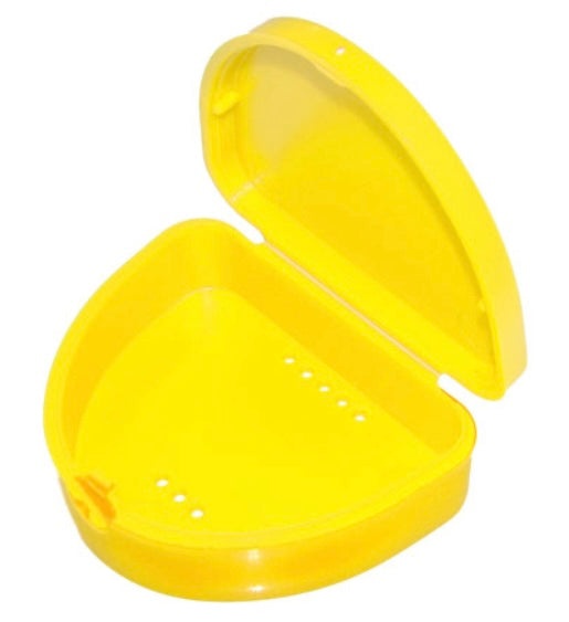 Bright yellow compact retainer box with hinged lid, air holes, and snap-fit catch for hygienic storage of retainers and mouthguards
