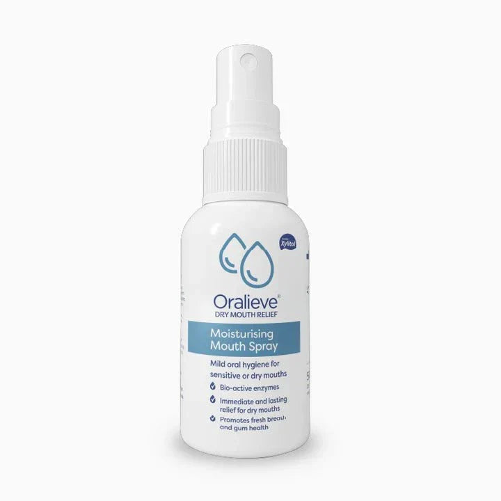 Oralieve Moisturising Mouth Spray 50ml for instant dry mouth relief, fresh breath, and gum health, alcohol-free and portable.