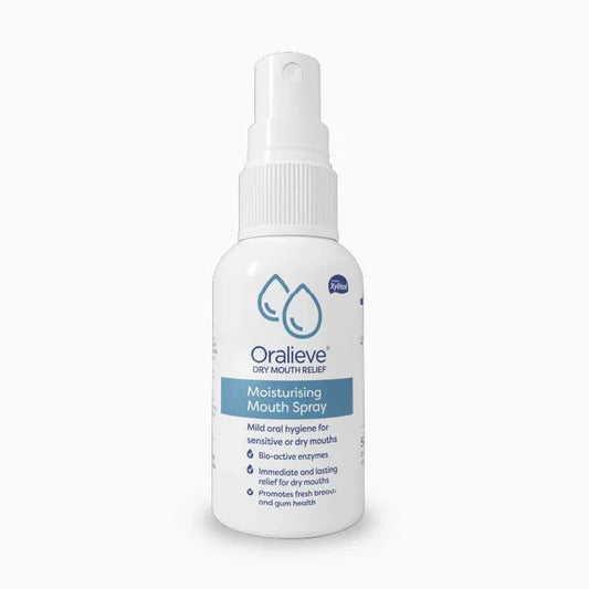 Oralieve Moisturising Mouth Spray 50ml for instant dry mouth relief, fresh breath, and gum health, alcohol-free and portable.
