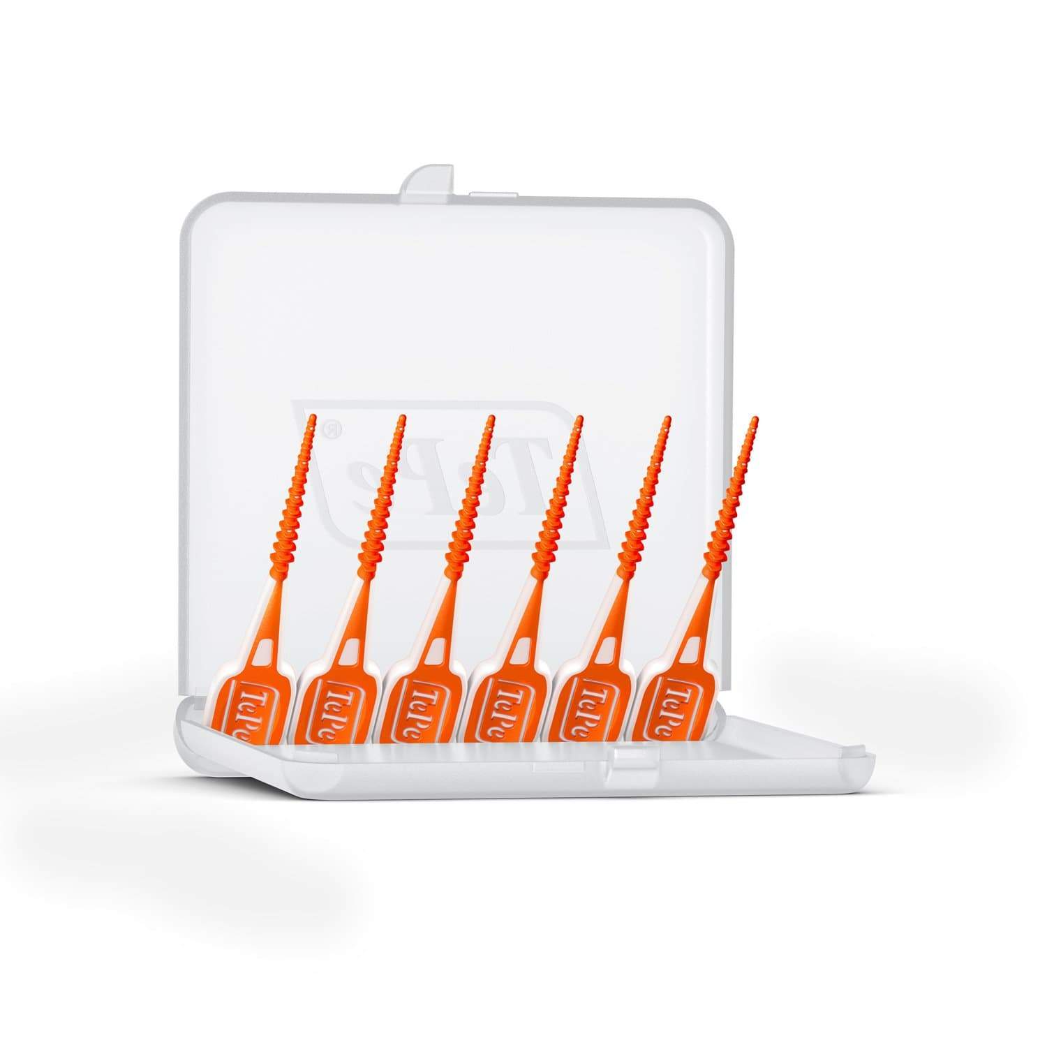 TePe Easypick interdental brushes with ergonomic orange silicone coating in a white travel case for comfortable teeth cleaning.