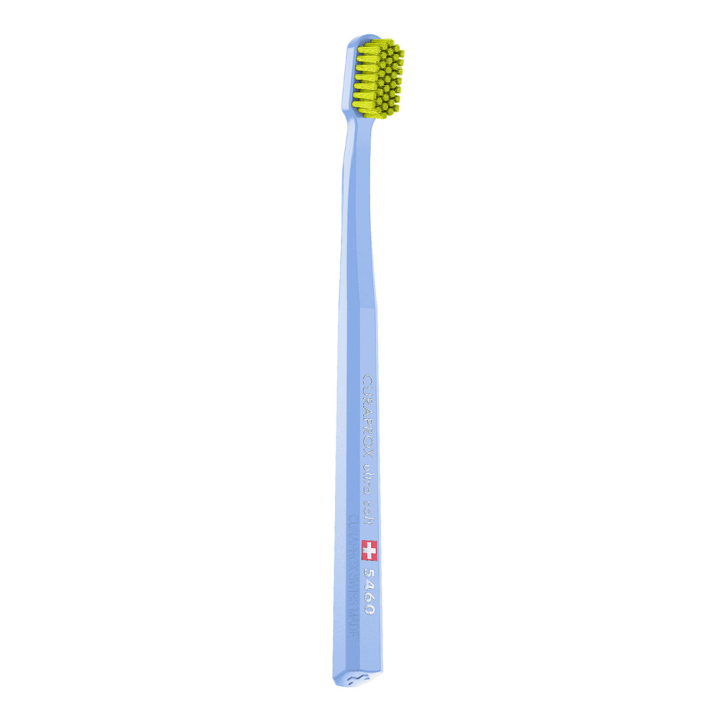 Curaprox CS 5460 ultra soft toothbrush with densely packed yellow bristles and blue handle for gentle, effective cleaning and plaque removal.