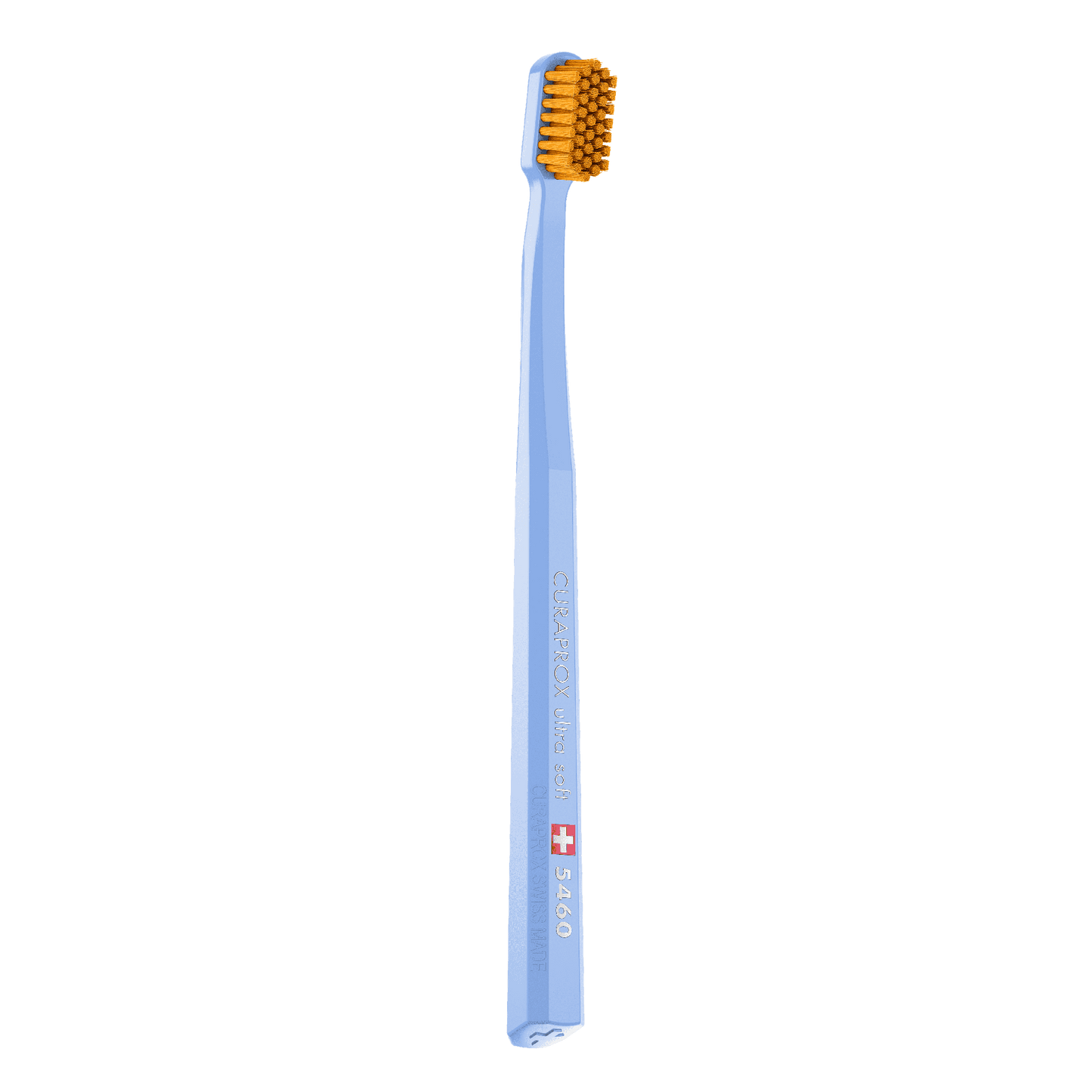 Curaprox CS 5460 ultra soft toothbrush with dense orange bristles and blue handle designed for gentle, effective plaque removal and gum care.