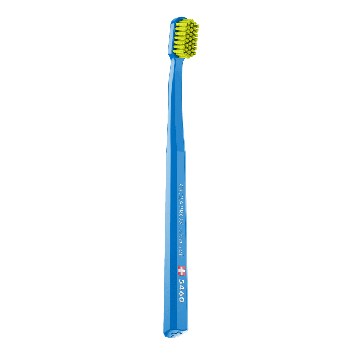 Curaprox CS 5460 ultra soft toothbrush with dense yellow bristles and blue handle designed for gentle and effective teeth cleaning.