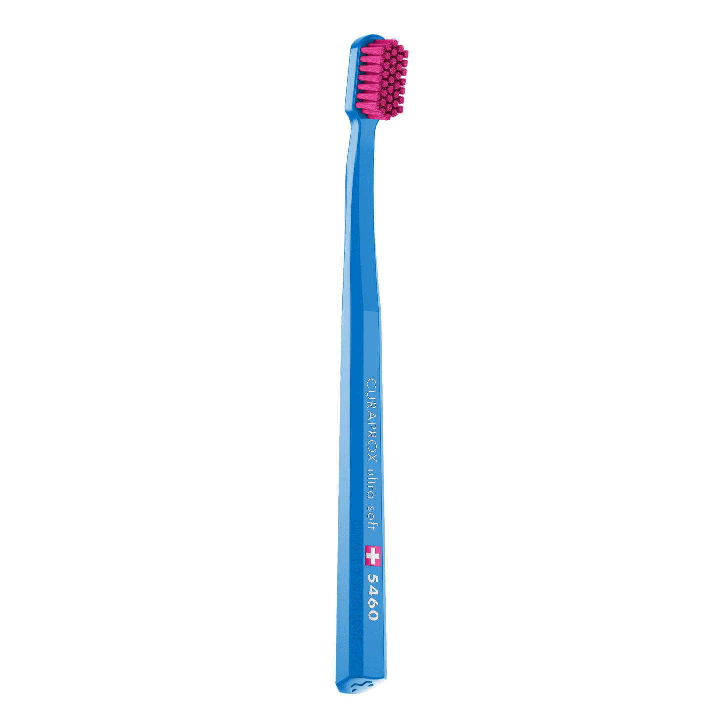 Curaprox CS 5460 ultra soft toothbrush with dense pink bristles and blue octagonal handle for gentle and effective cleaning.