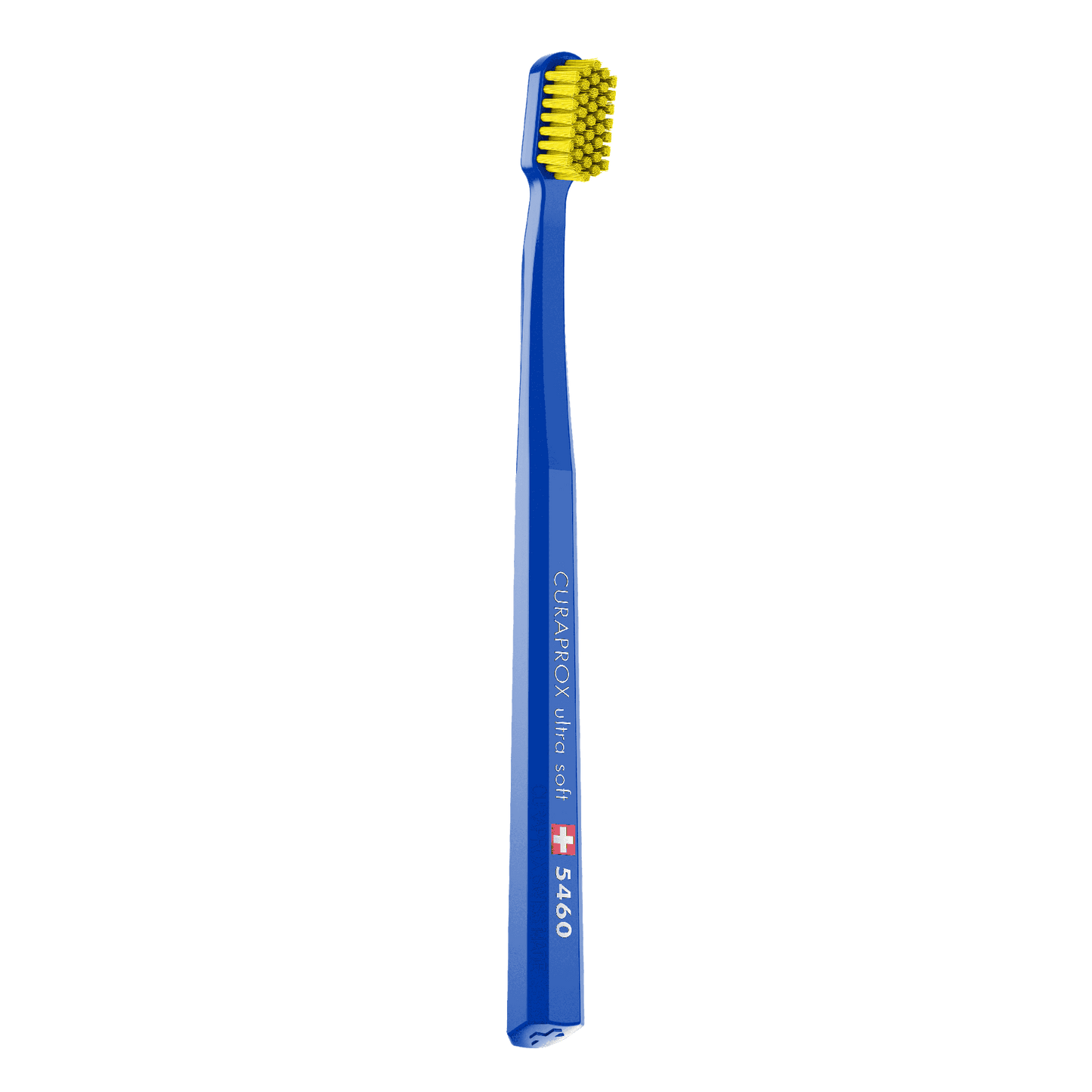 Curaprox CS 5460 ultra soft toothbrush with dense yellow bristles and blue handle for gentle, effective dental cleaning.
