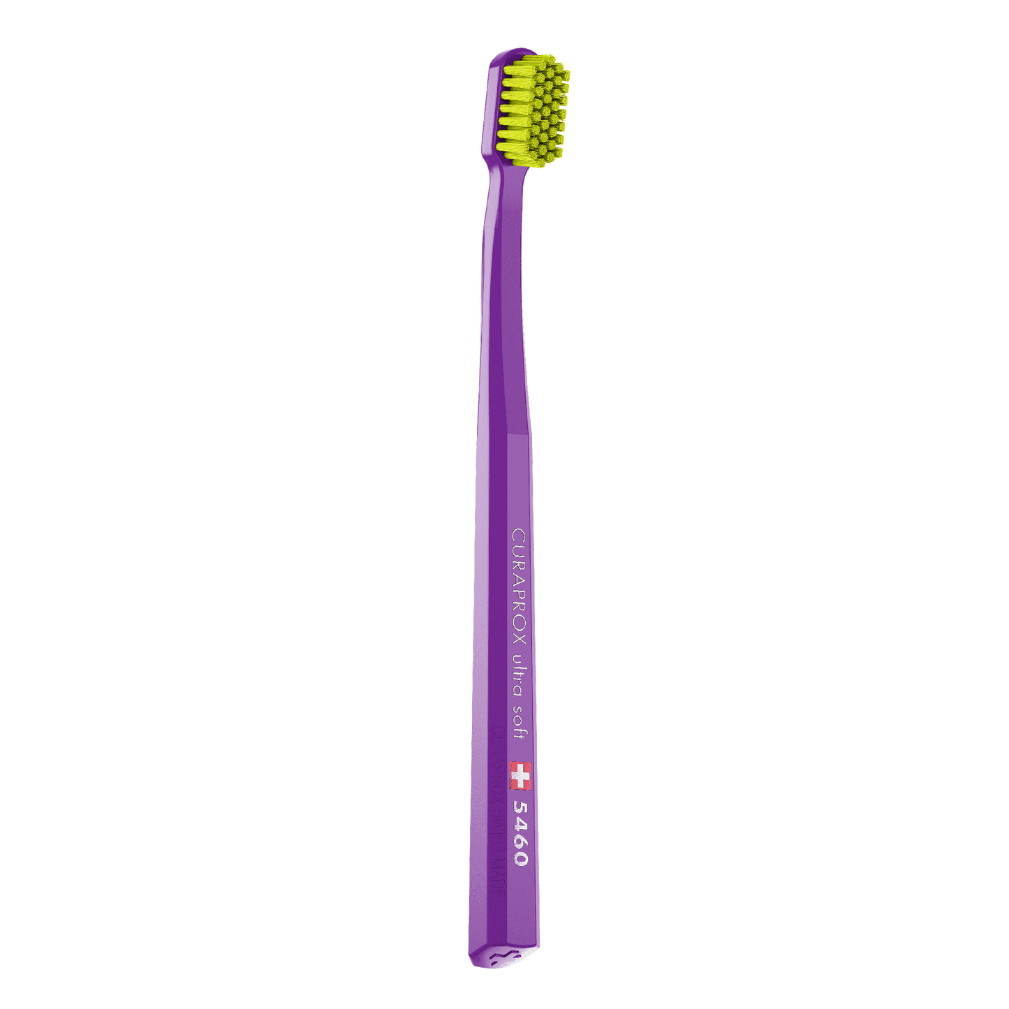 Curaprox CS 5460 Ultra Soft toothbrush with dense yellow bristles and purple octagonal handle for gentle and effective plaque removal.