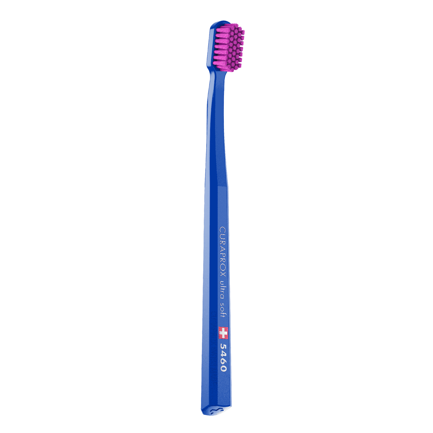 Curaprox CS 5460 ultra soft toothbrush with densely packed pink bristles and blue octagonal handle for gentle, effective cleaning and gum care.