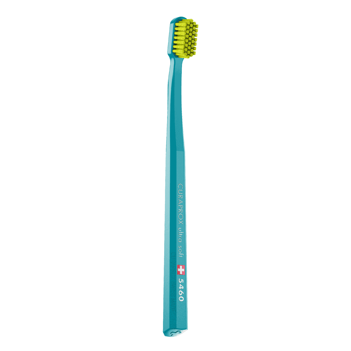 Curaprox CS 5460 ultra soft toothbrush with densely packed yellow bristles and turquoise handle for gentle and effective cleaning