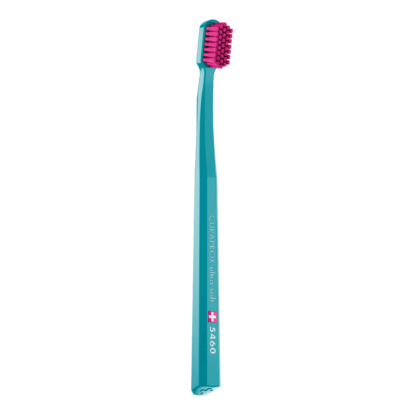 Curaprox CS 5460 ultra soft toothbrush with dense pink bristles and teal handle for gentle and effective cleaning.
