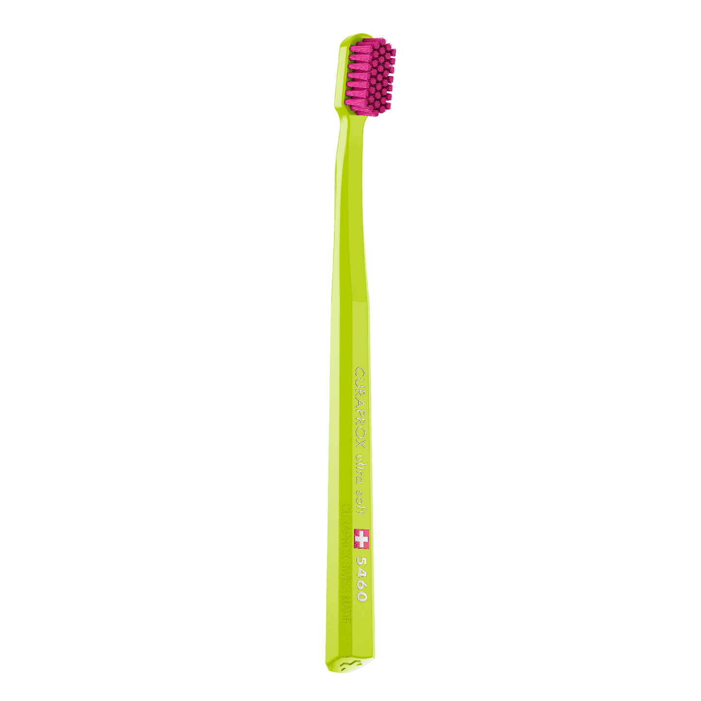 Curaprox CS 5460 ultra soft toothbrush with densely packed purple bristles and lime green handle for gentle and effective cleaning