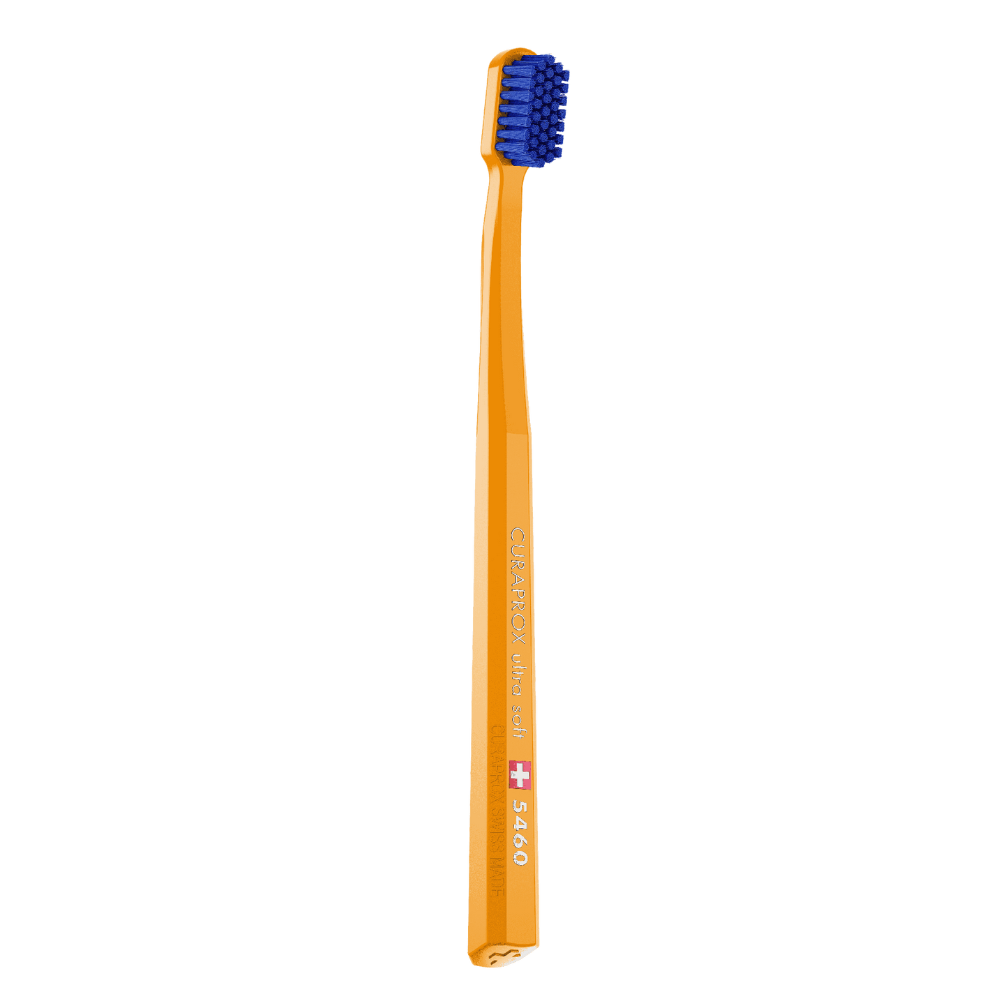 Curaprox CS 5460 Ultra Soft Toothbrush with dense blue bristles and orange octagonal handle for gentle, effective plaque removal and gum care.