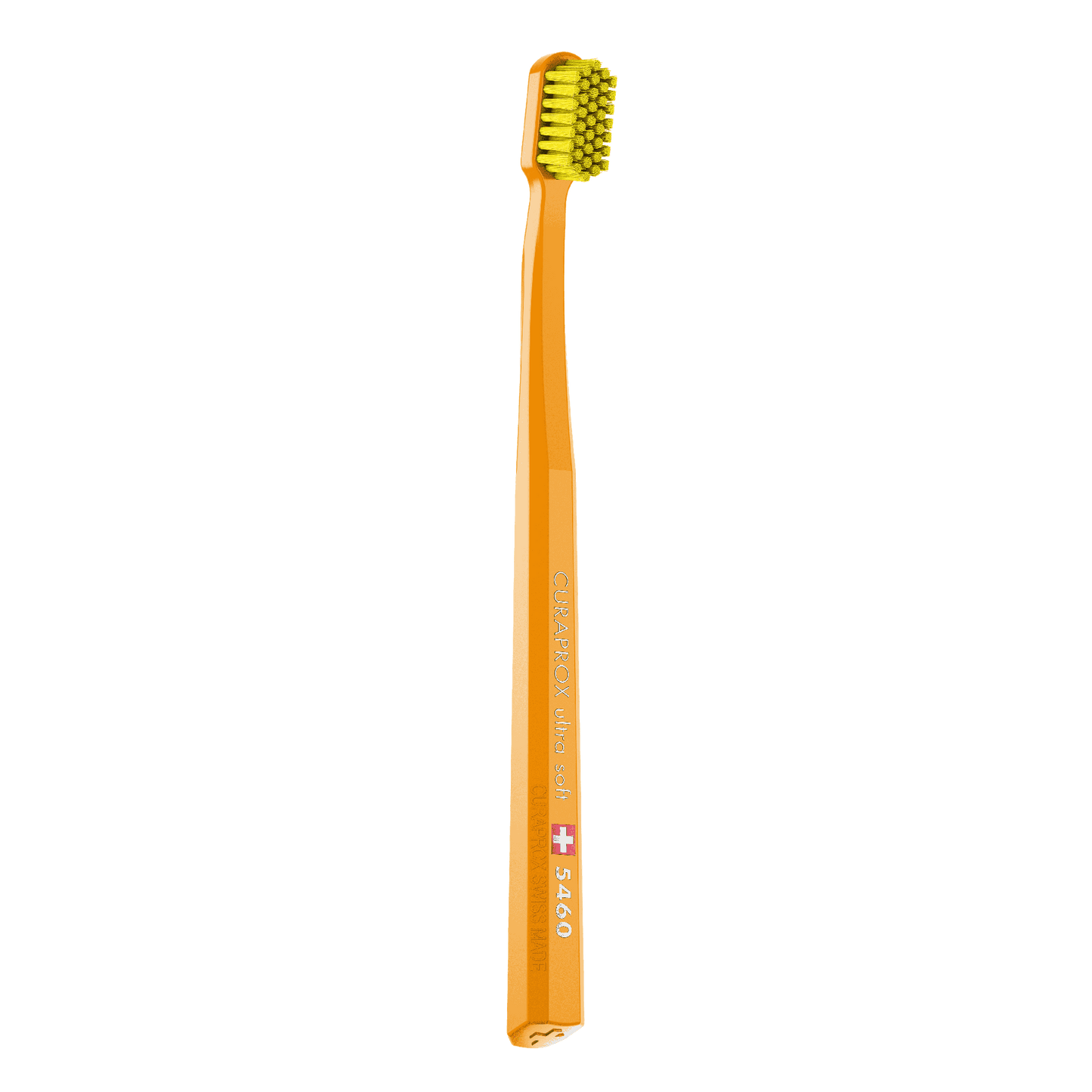 Curaprox CS 5460 ultra soft toothbrush with dense yellow bristles and an angled head for gentle and effective plaque removal.