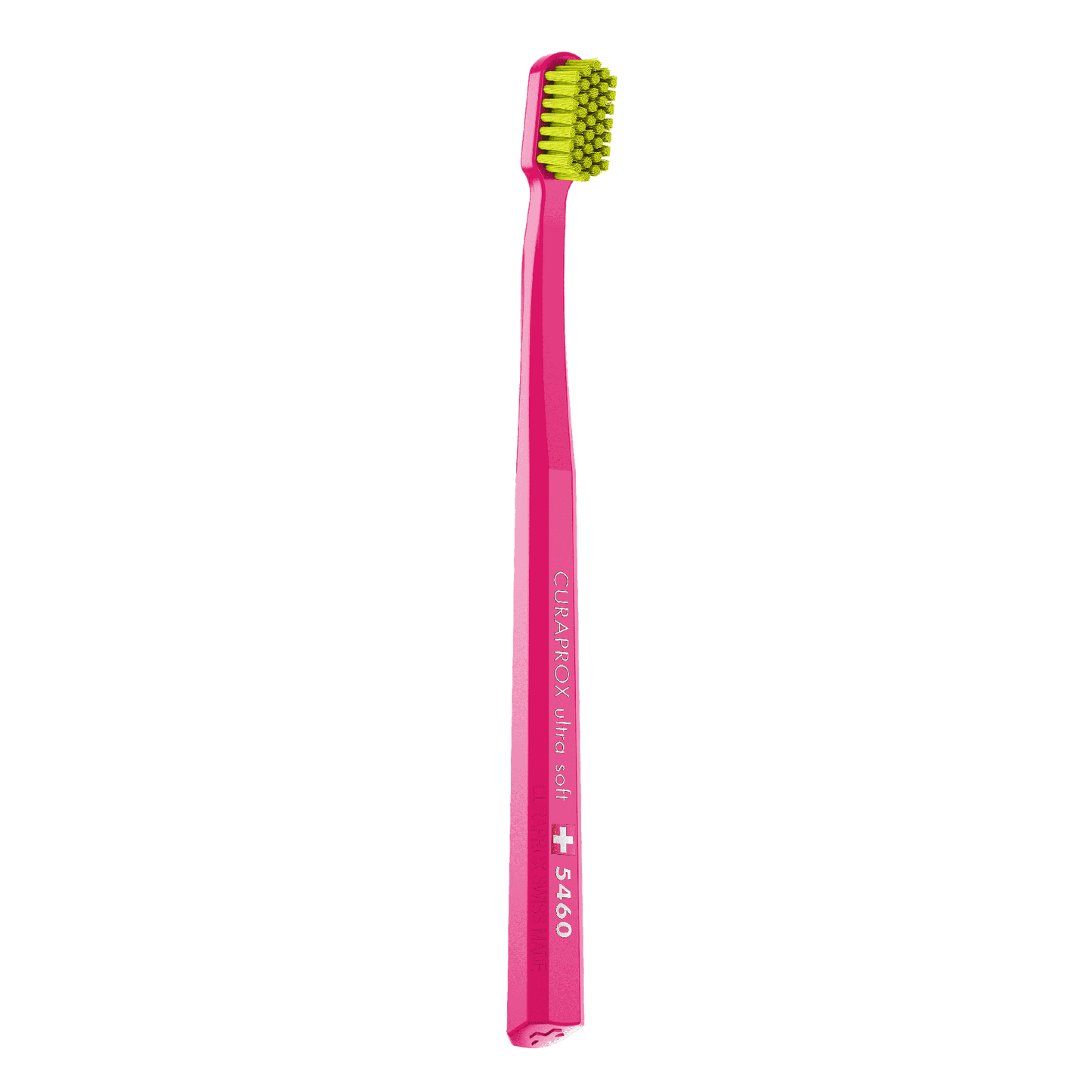 Curaprox CS 5460 ultra soft toothbrush with densely packed yellow bristles and pink handle for gentle, effective plaque removal and gum care.