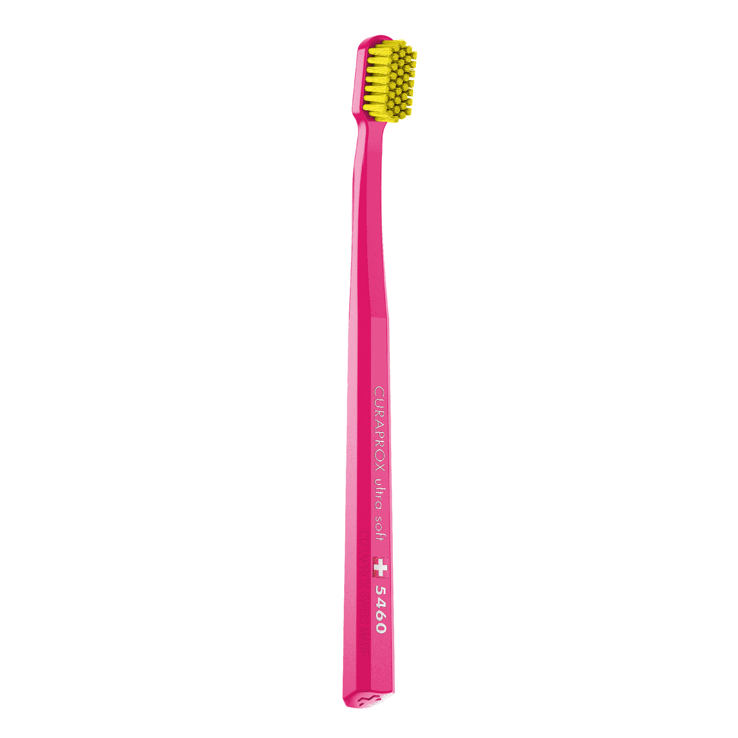 Curaprox CS 5460 ultra soft toothbrush with dense yellow bristles and pink handle for gentle and effective plaque removal and gum care.