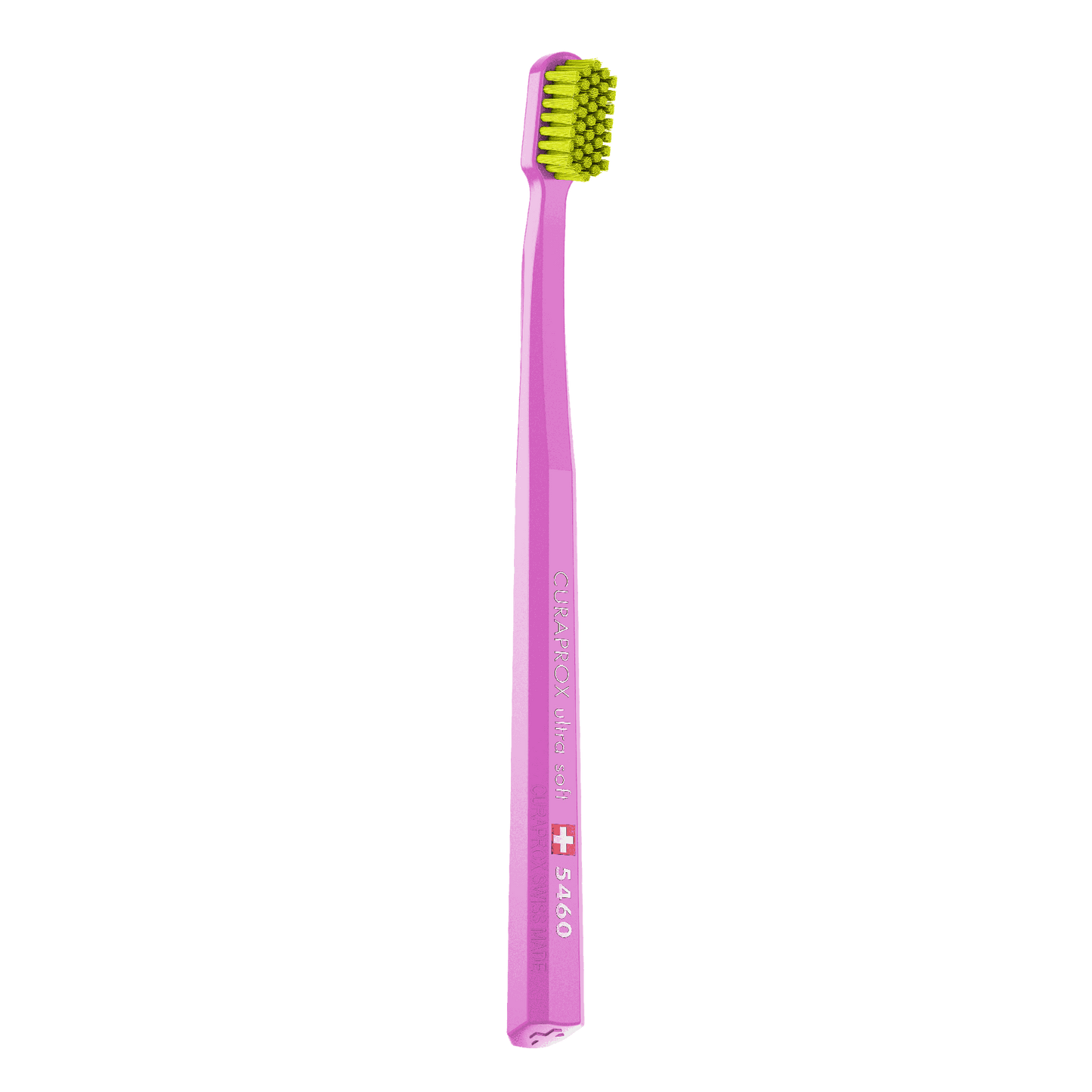 Curaprox CS 5460 ultra soft toothbrush with densely packed yellow bristles and a pink octagonal handle for gentle and effective teeth cleaning.