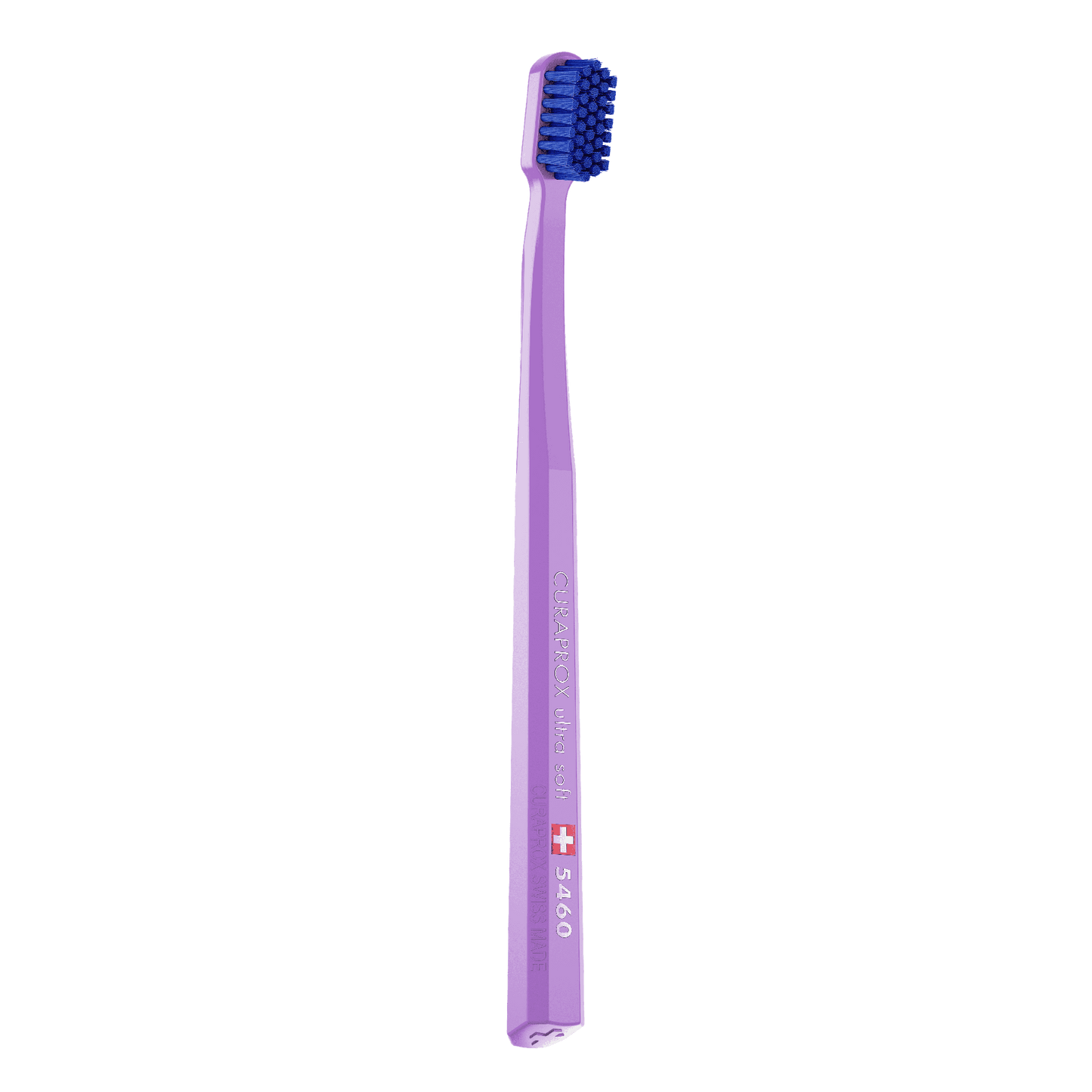 Curaprox CS 5460 ultra soft toothbrush with dense blue bristles and purple octagonal handle for gentle effective cleaning